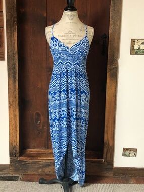 Blue & White Printed High-Low Maxi Dress with Spaghetti Straps
